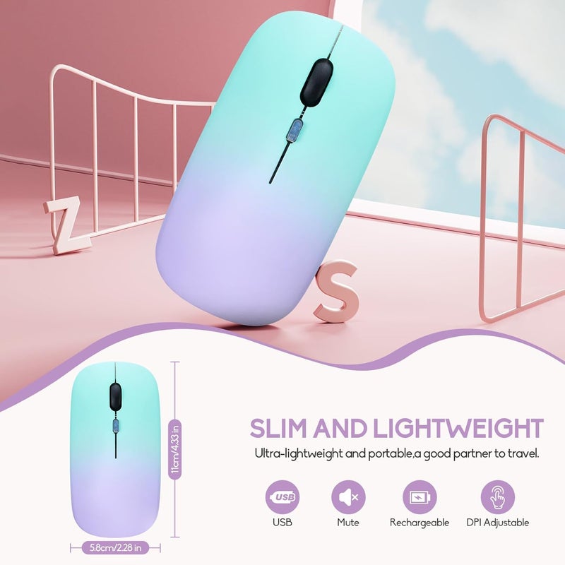 Guiheng Wireless Bluetooth Mouse,LED Dual Mode Rechargeable Silent Slim Laptop Mouse,Portable(BT5.2+USB Receiver) Dual Mode Computer Mice,for Laptop,Desktop Computer,ipad Tablet,Phone,Mac(Green purple) - Image 2